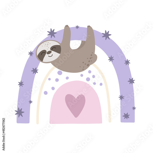Cute sloth on the rainbow. Children's hand drawn illustration, vector animals.