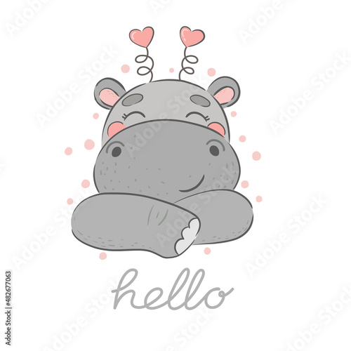 Cute cartoon hippo with hello words. Great kids print for clothes or room, for cover and poster, collage. Vector. photo