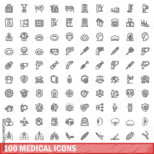 100 medical icons set. Outline illustration of 100 medical icons vector set isolated on white background