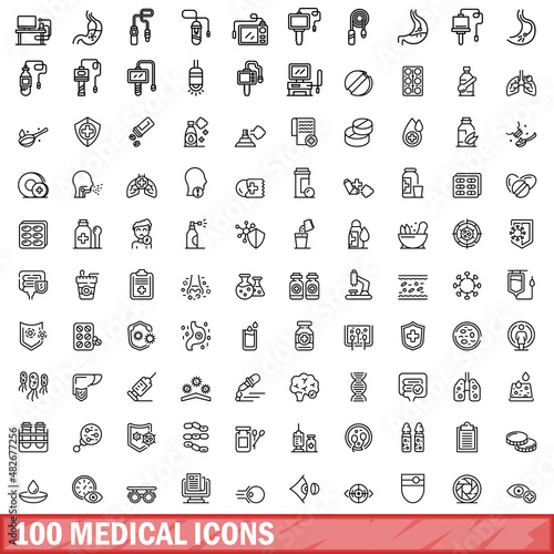 100 medical icons set. Outline illustration of 100 medical icons vector set isolated on white background