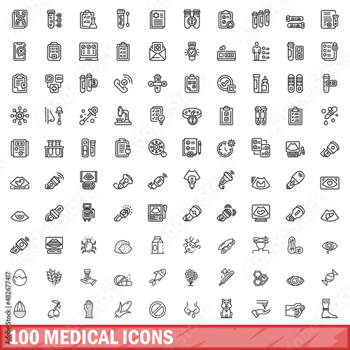100 medical icons set. Outline illustration of 100 medical icons vector set isolated on white background