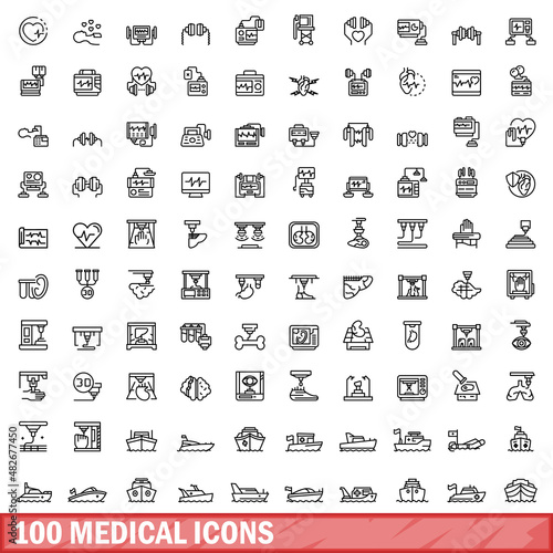 100 medical icons set. Outline illustration of 100 medical icons vector set isolated on white background