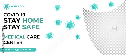 Covid-19 social media cover post template. Modern covid-19 square banner with place for the photo. Usable for social media