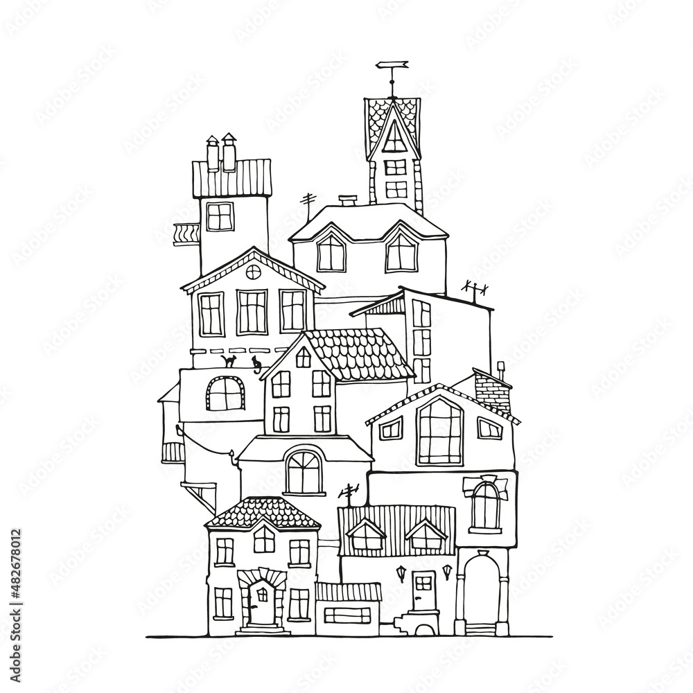 Doodle house hand drawn in black and white. Scandinavian cartoon ink houses. Home icon or logo. Adult coloring page. Vector Illustration.