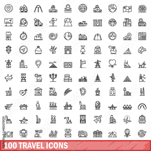 100 travel icons set. Outline illustration of 100 travel icons vector set isolated on white background