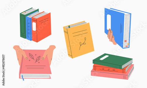Set for book lovers. Various books; stacks of books with bookmarks; hands holding books. Flat educational vector illustration isolated on white background. Reading motivation. Everything is isolated.