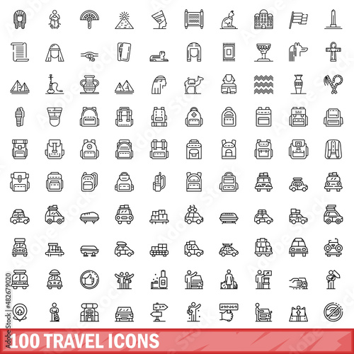 100 travel icons set. Outline illustration of 100 travel icons vector set isolated on white background