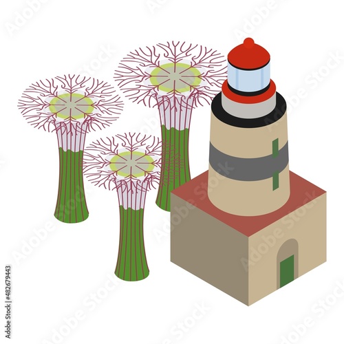 Singapore landmark icon isometric vector. Lighthouse and super tree grove icon. Lighthouse in straits of malacca and botanical garden in singapore