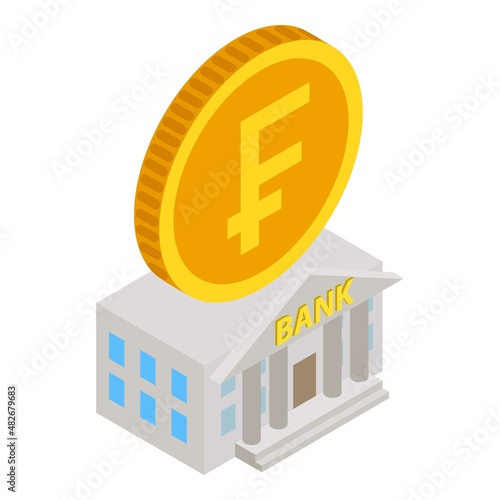 Swiss bank icon isometric vector. Swiss bank building and one frank gold coin. Reliability symbol, financial institution