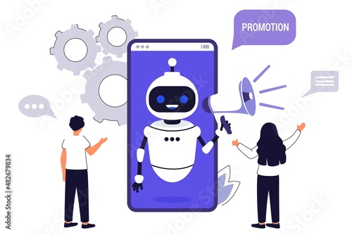 Virtual assistant User call to hotline Online chat bot support Job search recruitment Marketing automation concept Robot shouting out a message with bullhorn over white background Vector illustration 