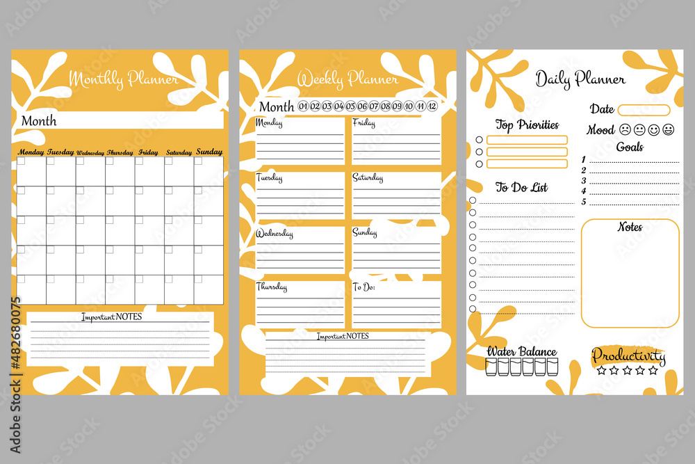 Set of minimalistic planners. Daily, weekly, monthly planner template. A cute and simple printable to-do list. Simple green leaves, branches. Design with yellow and white elements. - obrazy, fototapety, plakaty 