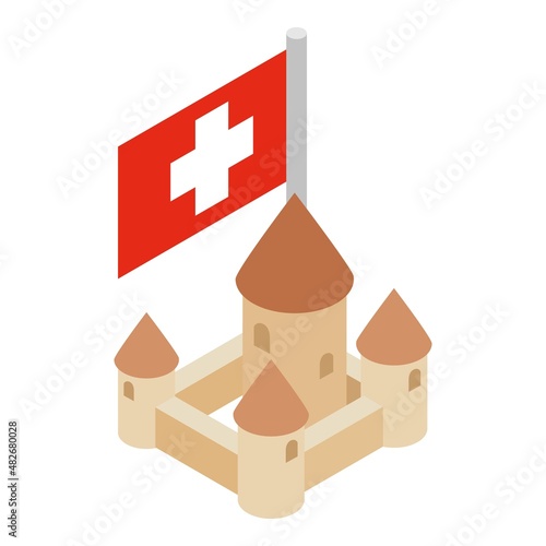 Swiss castle icon isometric vector. Chillon castle and switzerland flag icon. Historic architecture building, swiss showplace