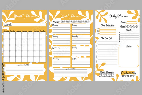 Set of minimalistic planners. Daily, weekly, monthly planner template. A cute and simple printable to-do list. Simple green leaves, branches. Design with yellow and white elements.