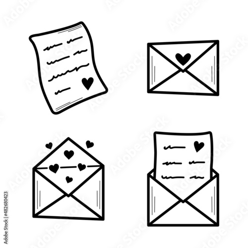 Set of elements love mail for Valentine's day. Love letter, envelope and hearts. Hand drawn sketch style. Isolated vector illustration in doodle style.