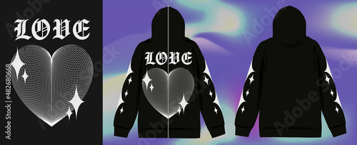 Modern poster and print for zip hoodie, with 3D mesh heart. In Techno style, stylish print for streetwear, print for t-shirts and hoodies, isolated on black background