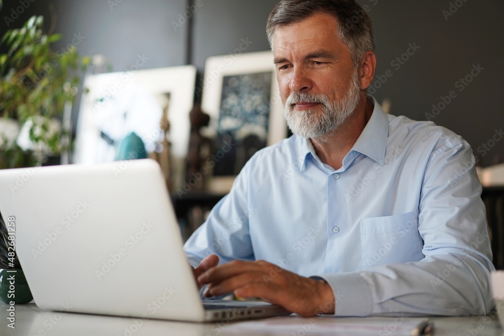 Portrait of senior man with grey hair working with laptop in office. Portrait of senior man with grey hair working with laptop in office.