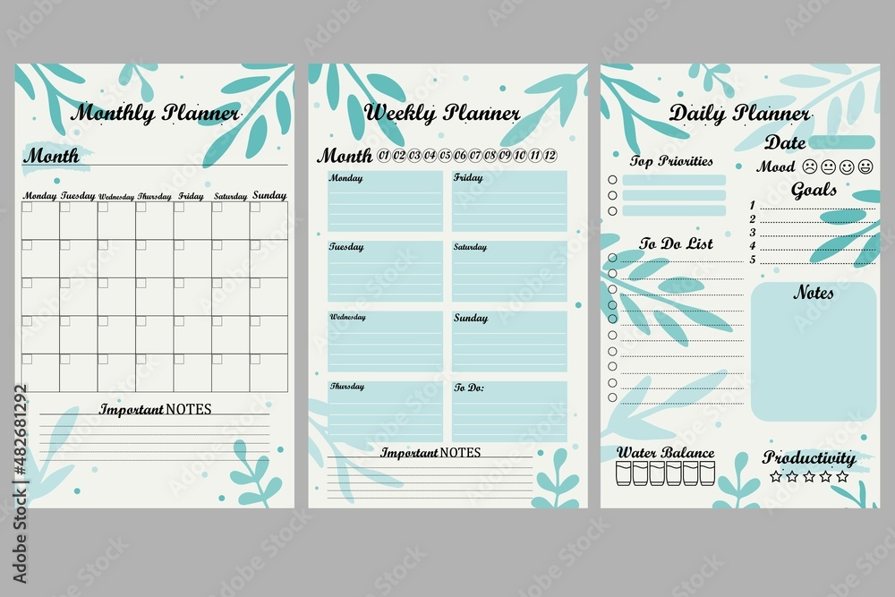 Set of minimalist planners. Daily, weekly, monthly planner template. Cute and simple printable to do list. Simple green leaves, branches. Design with pink elements. - obrazy, fototapety, plakaty 