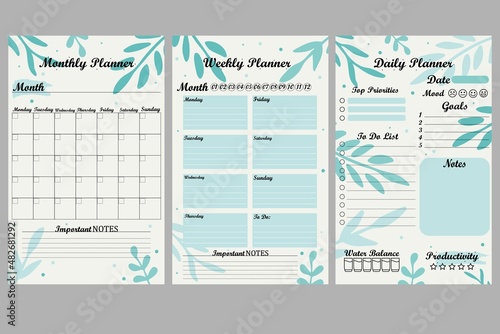 Set of minimalist planners. Daily, weekly, monthly planner template. Cute and simple printable to do list. Simple green leaves, branches. Design with pink elements. photo
