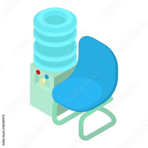 Office equipment icon isometric vector. Water cooler and blue soft chair icon. Watercooler, furniture, equipment, modern interior