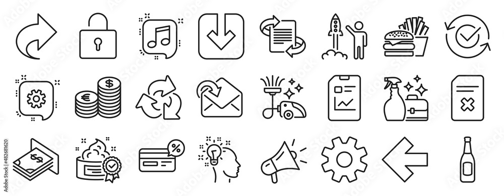 Set of line icons, such as Megaphone, Delete file, Share icons. Report document, Vacuum cleaner, Launch project signs. Currency, Atm money, Load document. Beer, Marketing, Recycle. Burger. Vector
