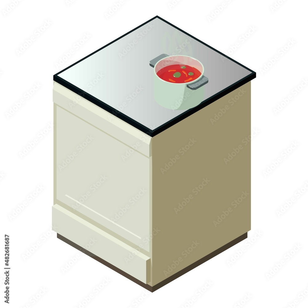 Electric hob icon isometric vector. Electric cooking surface with cooked food. Kitchen equipment, household technic, modern technology Electric hob icon isometric vector. Electric cooking surface with cooked food. Kitchen equipment, household technic, modern technology