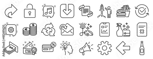 Set of line icons, such as Megaphone, Delete file, Share icons. Report document, Vacuum cleaner, Launch project signs. Currency, Atm money, Load document. Beer, Marketing, Recycle. Burger. Vector
