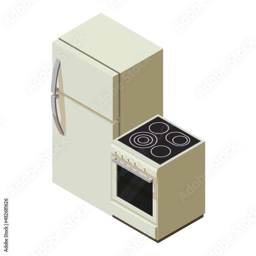 Kitchen appliance icon isometric vector. New refrigerator and electric stove. Kitchen equipment, household technic, modern technology