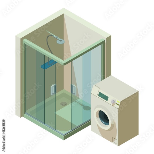 Bathroom equipment icon isometric vector. New shower cubicle and washing machine. Bathroom, modern interior, equipment