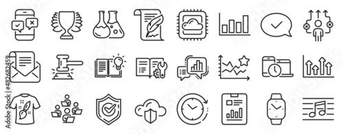 Set of Education icons  such as Winner  Upper arrows  Time change icons. Mail newsletter  Time management  Report document signs. T-shirt design  Graph chart  Ranking stars. Teamwork. Vector