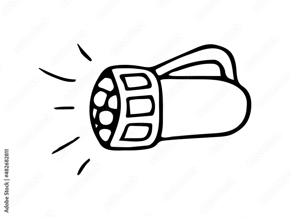 Hand drawn doodle camping flashlight. Vector single travel element. Black and white torch. Outline. Hand drawn doodle camping flashlight. Vector single travel element. Black and white torch. Outline.