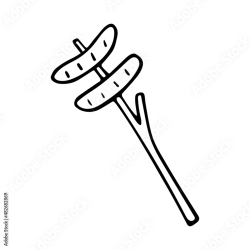 Hand drawn doodle camping sausages. Vector fried sausages on a stick. Outline.
