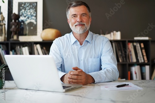 Mature professional businessman looking at camera and smiling. Confident entrepreneur, leader, manager sitting in office