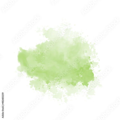 Abstract green watercolor water splash on a white background. Vector watercolour texture in salad color. Ink paint brush stain. Green splatter spot. Watercolor pastel splash