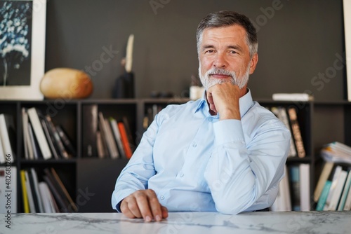 Mature professional businessman looking at camera and smiling. Confident entrepreneur, leader, manager sitting in office photo