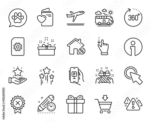 Vector set of Reject medal, Present box and Loan house line icons set. 360 degrees, Pets care and Parking app icons. Click here, Love document and Stars signs. Reject medal web symbol. Vector