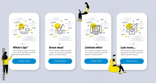 Set of Business icons, such as Anti-dandruff flakes, Photo thumbnail, Travel sea icons. UI phone app screens with people. Cogwheel line symbols. Healthy hair, Image monitor, Summer holidays. Vector
