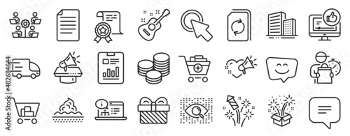 Set of Business icons  such as Guitar  Online documentation  Love message icons. Buildings  Truck delivery  Megaphone signs. Internet shopping  Skin care  Certificate. Update document. Vector