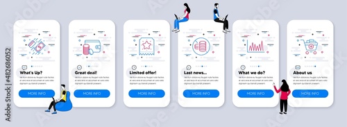 Finance icons set. UI phone app screens with teamwork. Included icon as Payment method, Payment, Loyalty ticket signs. Line graph, No cash, Add products line icons. Vector