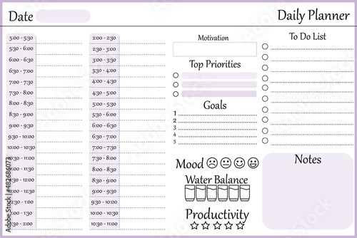 Diary. Hourly chart, minimalistic design. Purple photo