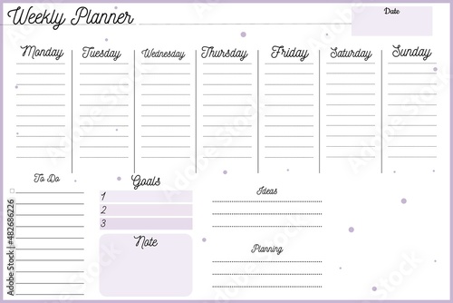 Weekly planner. Minimalistic purple design. Weekly planner with green sheets, notes, organizer for daily plans, weekly planner template, schedule