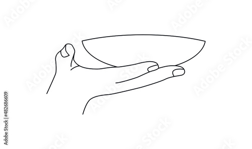 the girl's hand holds a plate or saucer. Side view. Linear style illustration