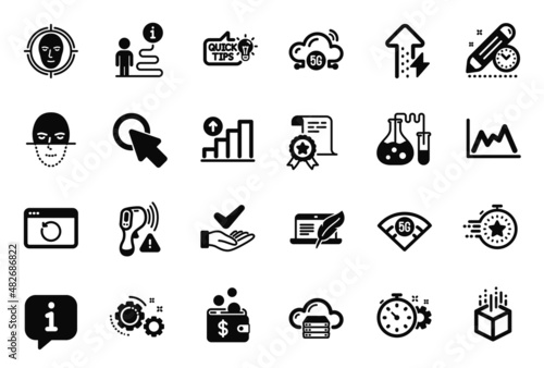Fototapeta Naklejka Na Ścianę i Meble -  Vector Set of Science icons related to Click here, Graph chart and Face detect icons. Chemistry lab, Cloud server and 5g wifi signs. Gears, Project deadline and Timer. Recovery internet. Vector