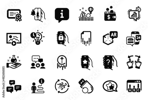 Vector Set of Technology icons related to Recovery file, Survey results and Roller coaster icons. Wind energy, Start presentation and Star signs. Chat messages, Certificate and Locked app. Vector