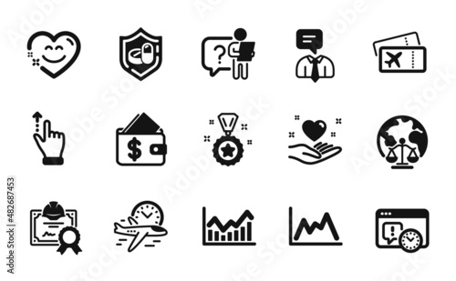 Vector set of Boarding pass, Touchscreen gesture and Magistrates court icons simple set. Project deadline, Winner reward and Smile chat icons. Flight time, Medical tablet and Infochart signs. Vector