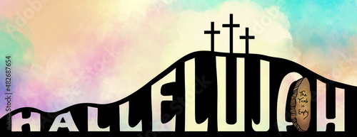 Fotografiet Easter background design of three crosses on watercolor sunrise, hallelujah typo