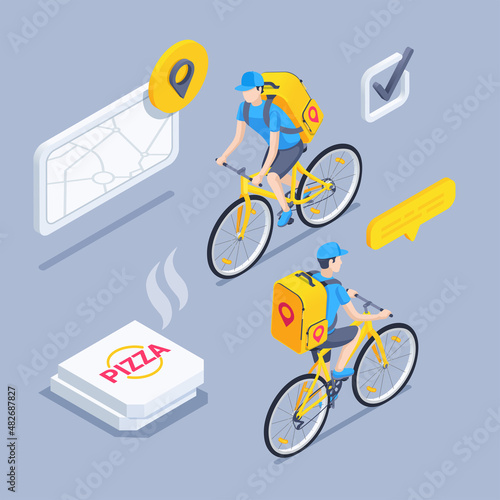 isometric vector illustration on a gray background, a man with a backpack rides a bicycle, home delivery service