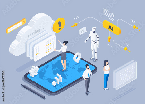 isometric vector illustration on a gray background, a man and women together with artificial intelligence in the form of a robot work with data, it development