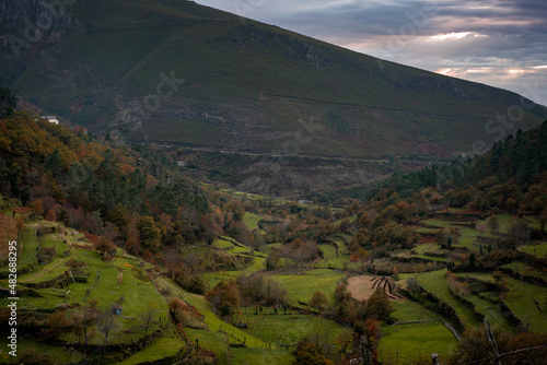 Mondim de Basto landscape with vineyards vines in steps and mountains on the background, in Portugal photo