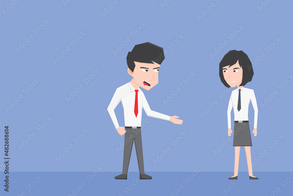 An illustration of business man and woman discuss each other