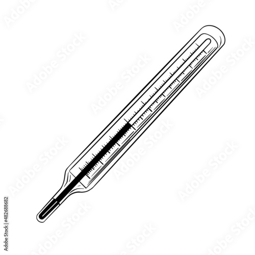 Mercury glass thermometer in sketchy hand drawn style. Medical equipment isolated on white background. Vector illustration.